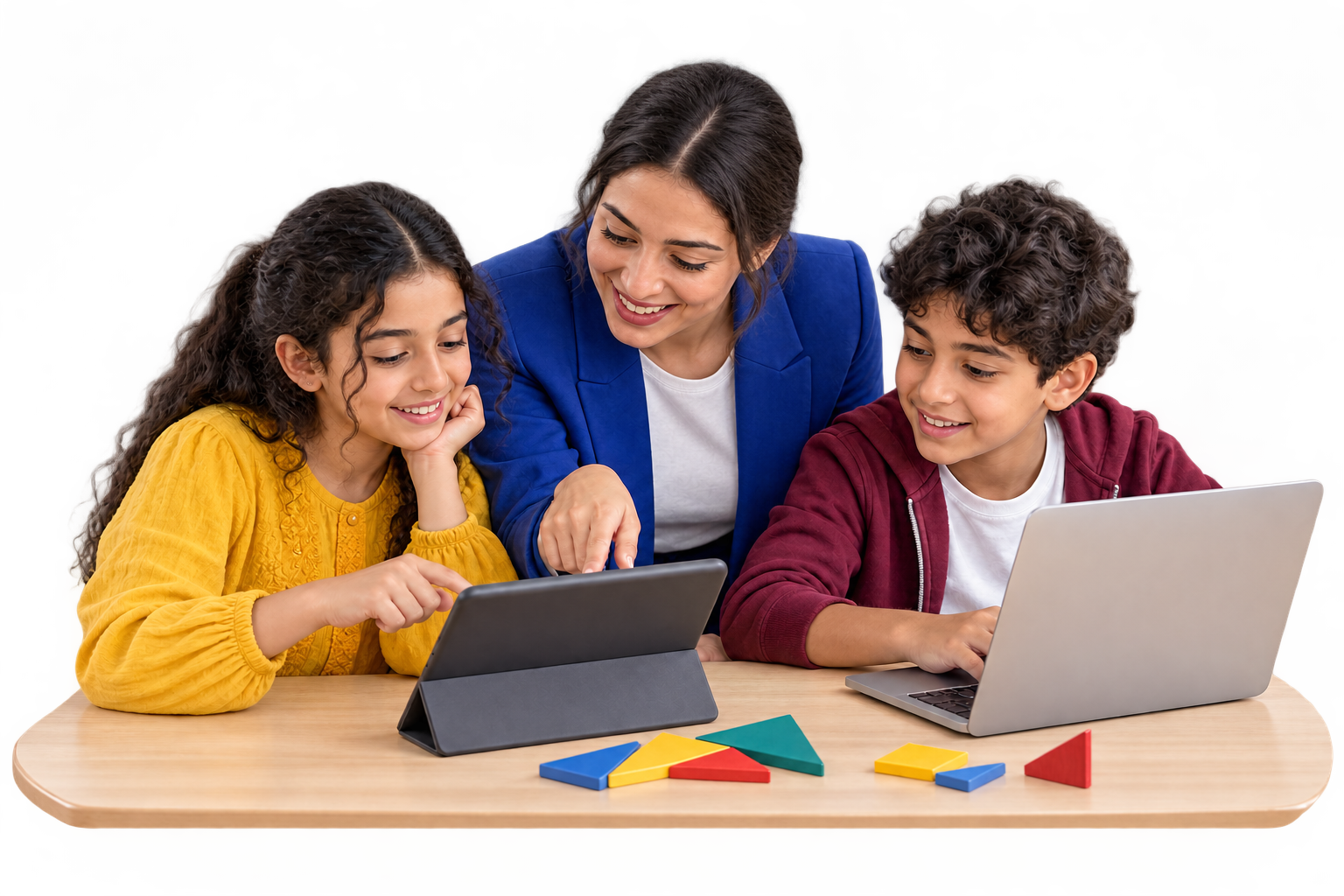 Une enseignante accompagne deux élèves dans une activité sur tablette et ordinateur